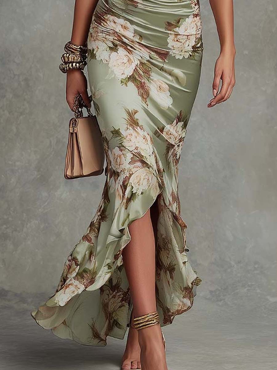 Vestido largo asimétrico de raso verde de flores