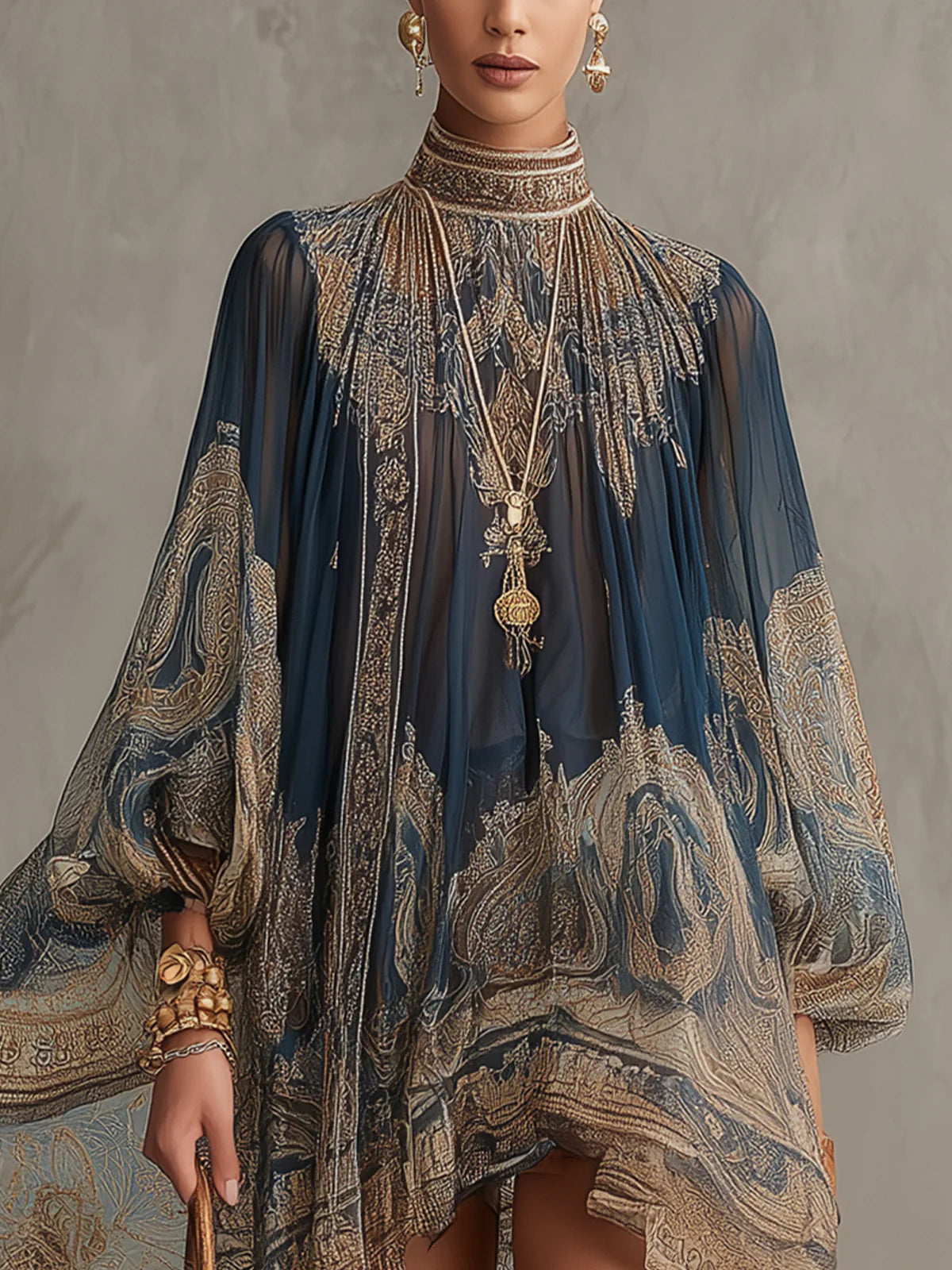 Vestido corto de gasa con estampado barroco azul marino