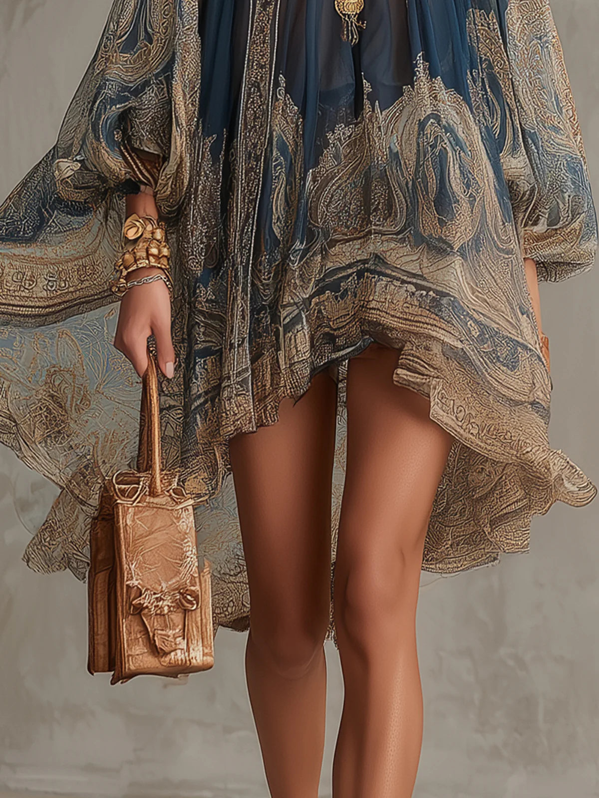 Vestido corto de gasa con estampado barroco azul marino