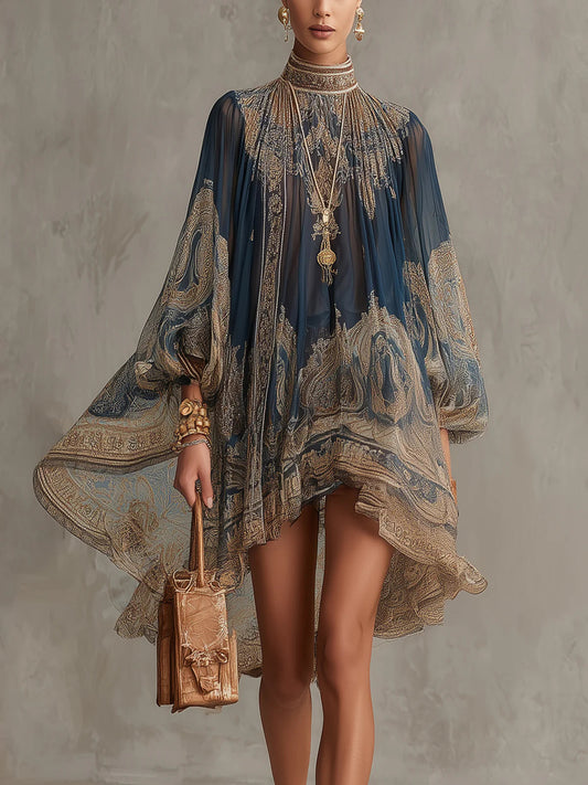 Vestido corto de gasa con estampado barroco azul marino