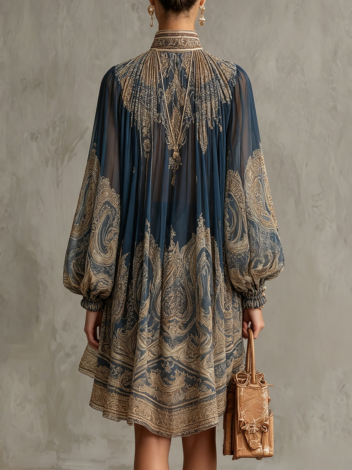 Vestido corto de gasa con estampado barroco azul marino