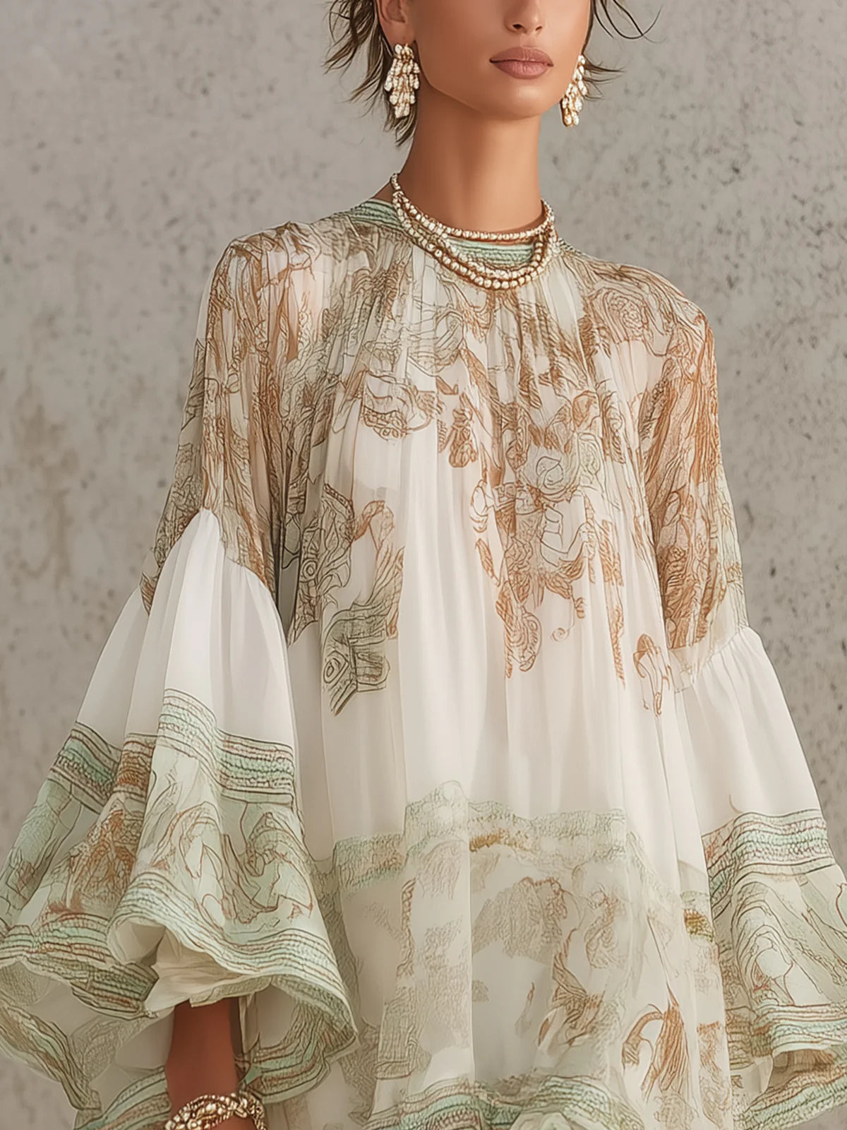 Vestido corto de gasa de rayas con mangas de volante verde