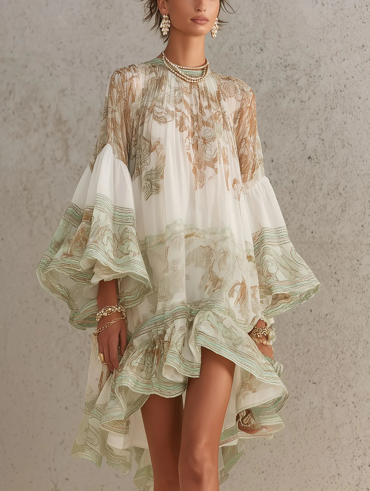 Vestido corto de gasa de rayas con mangas de volante verde