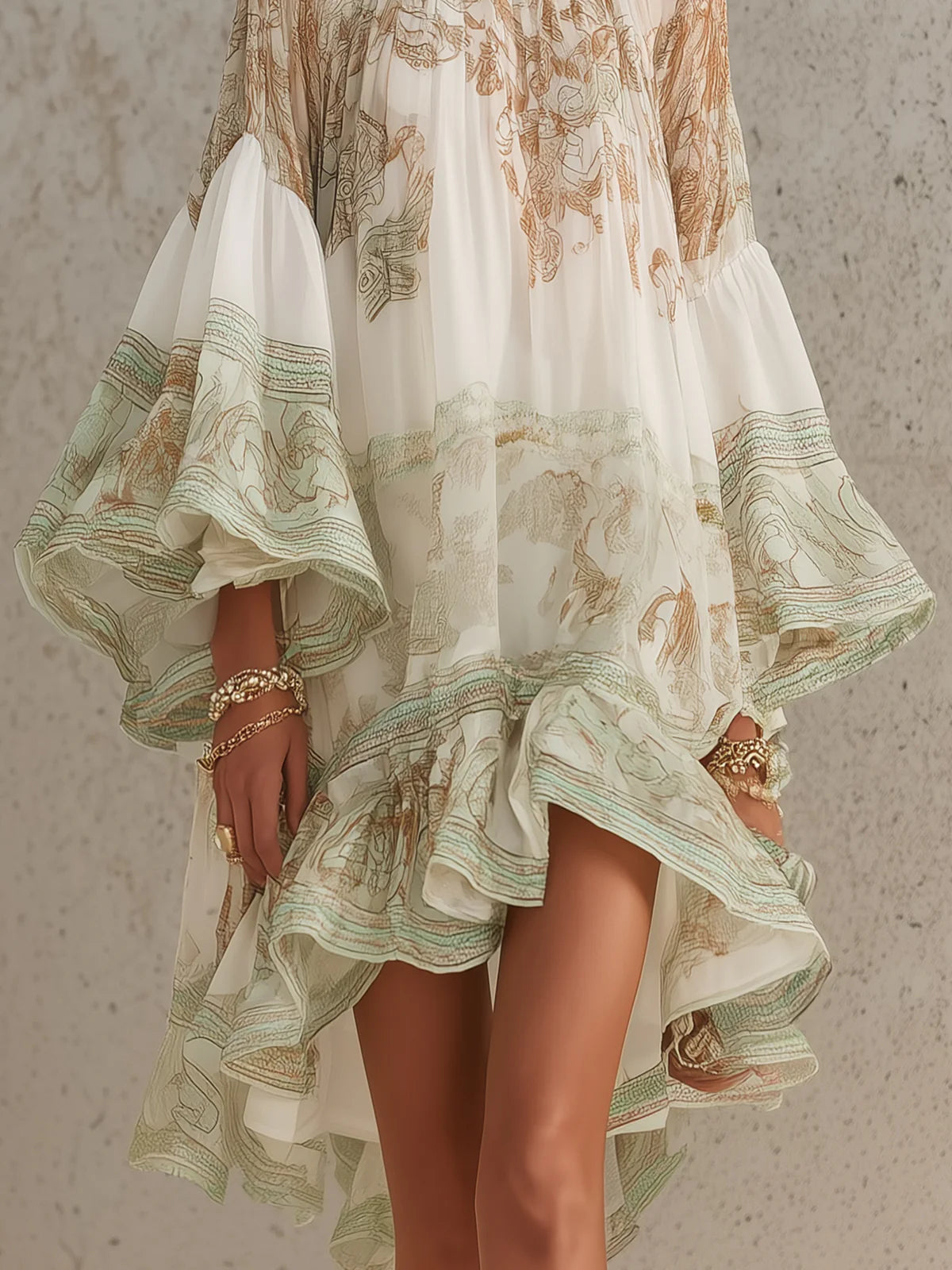 Vestido corto de gasa de rayas con mangas de volante verde