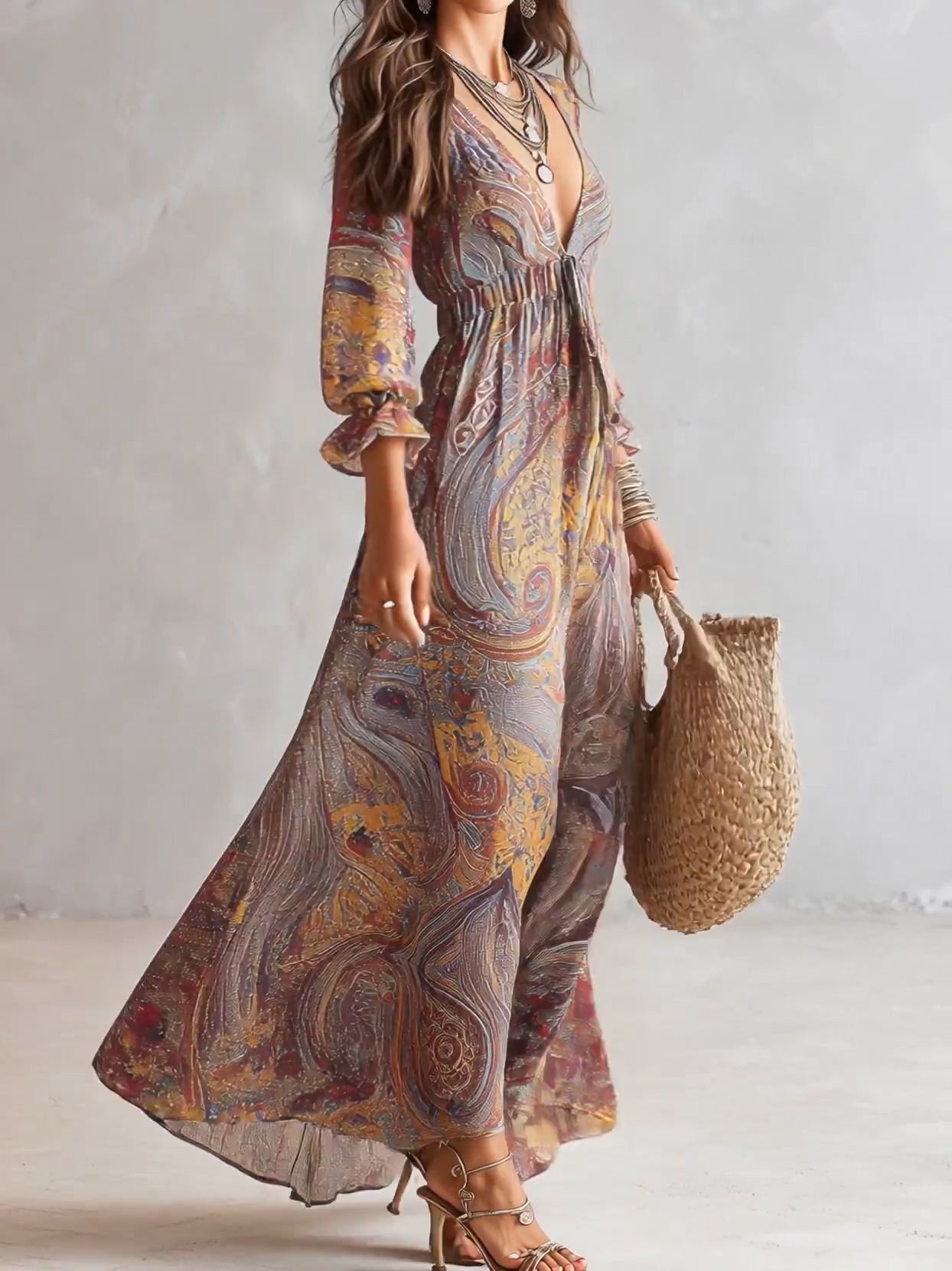 Vestido largo de gasa con estampado paisley y escote en V