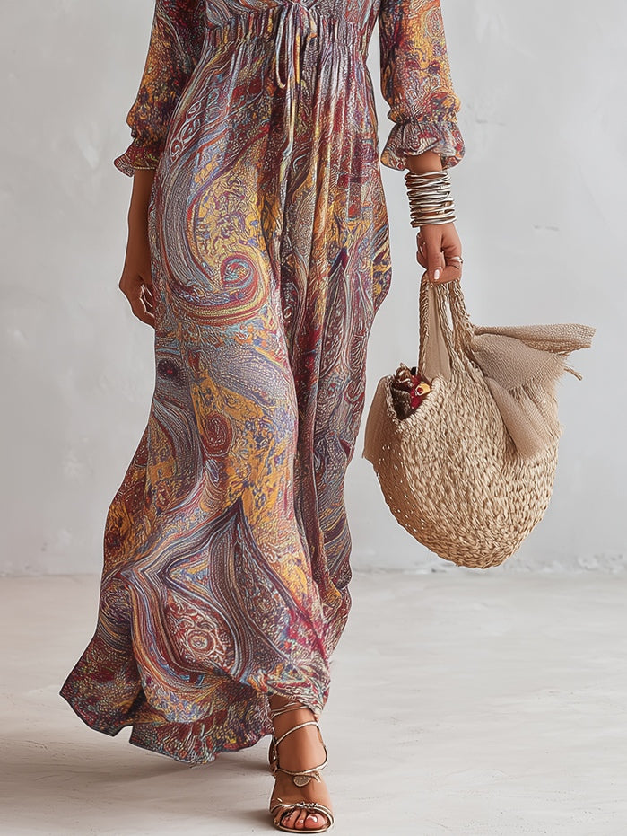 Vestido largo de gasa con estampado paisley y escote en V