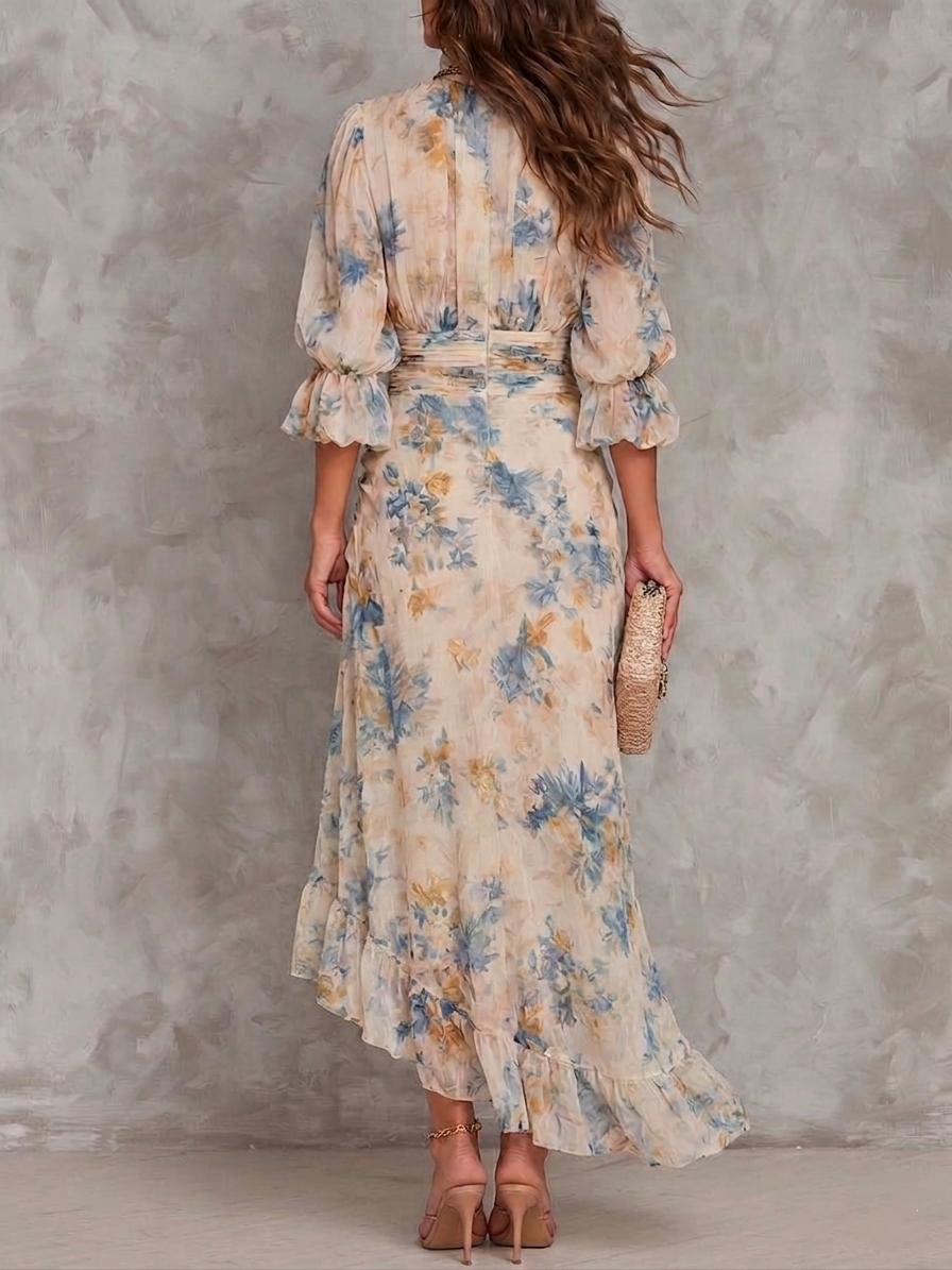 Vestido largo de gasa asimétrico con estampado floral