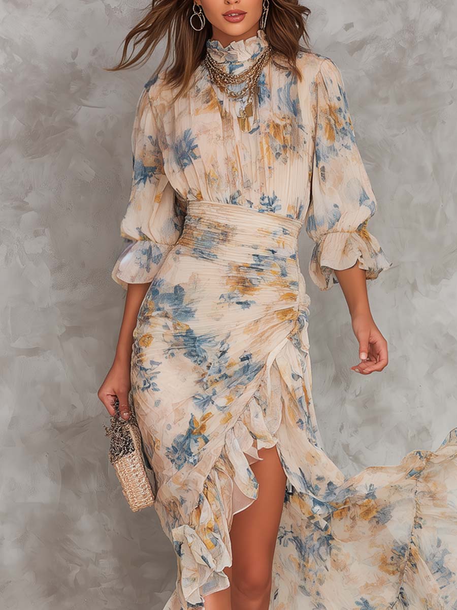 Vestido largo de gasa asimétrico con estampado floral