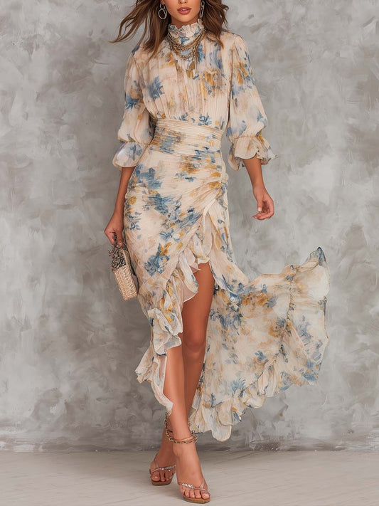 Vestido largo de gasa asimétrico con estampado floral