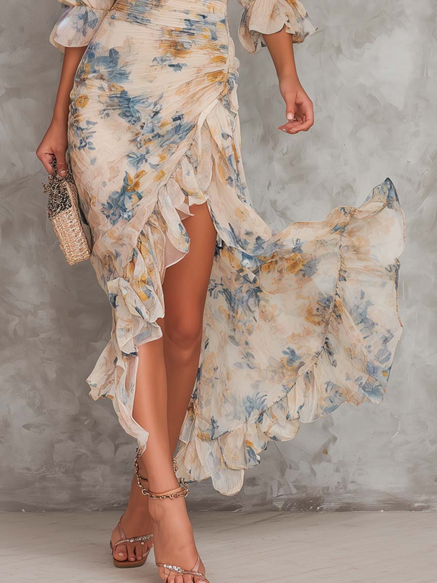 Vestido largo de gasa asimétrico con estampado floral