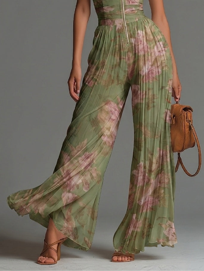 Mono de gasa verde floral sin mangas con cremallera