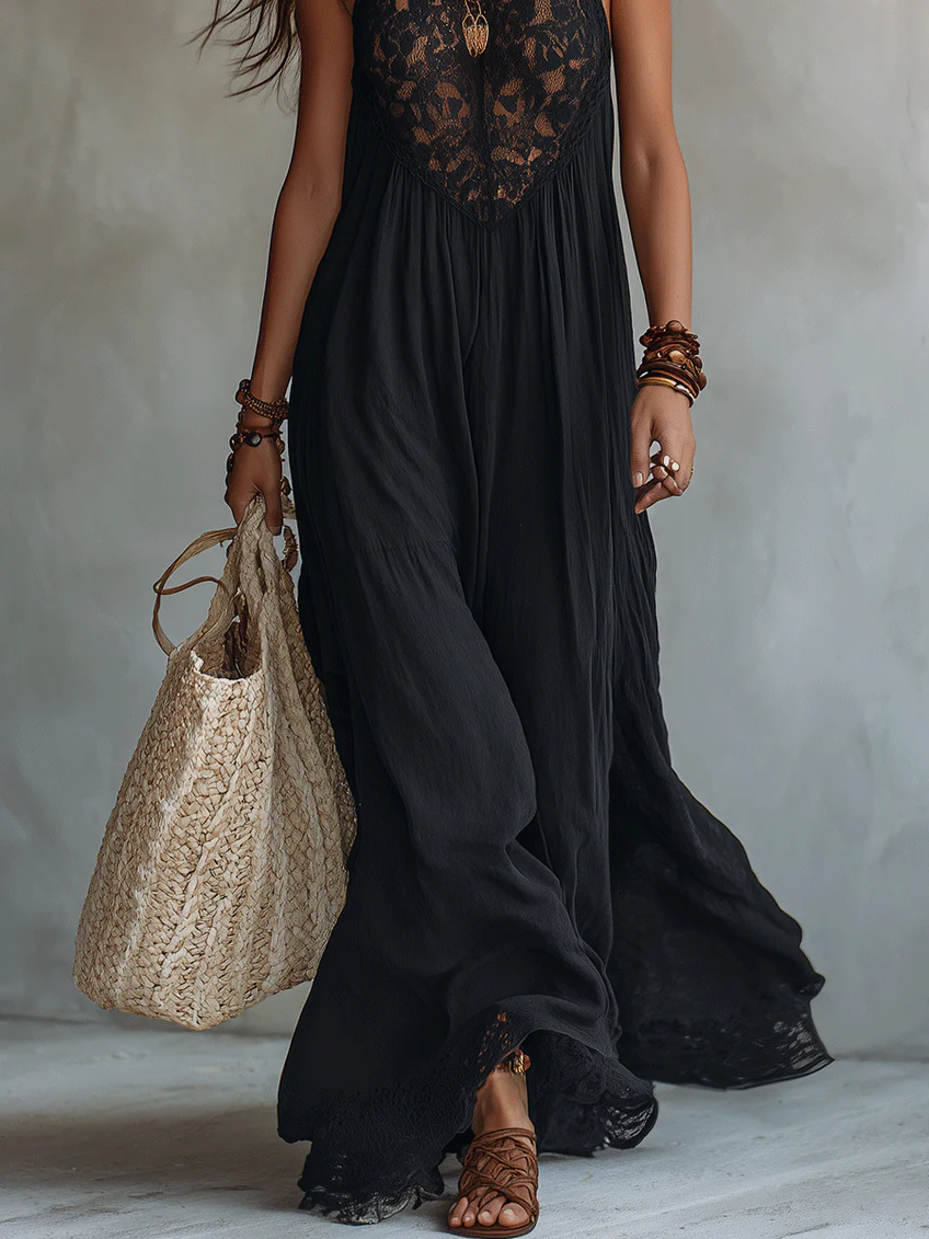 Vestido largo negro sin mangas con encaje bohemio
