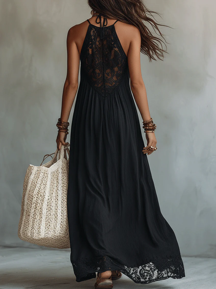 Vestido largo negro sin mangas con encaje bohemio