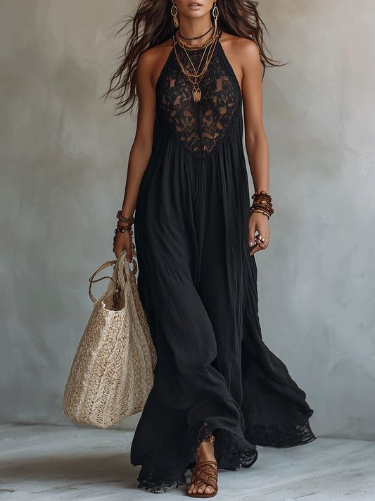 Vestido largo negro sin mangas con encaje bohemio