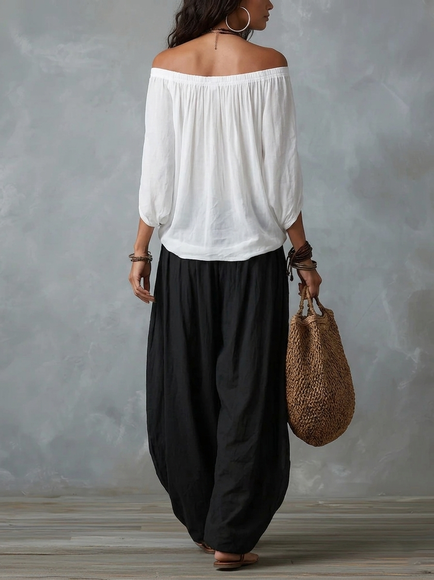 Conjunto de top blanco de hombros descubiertos y pantalón ancho