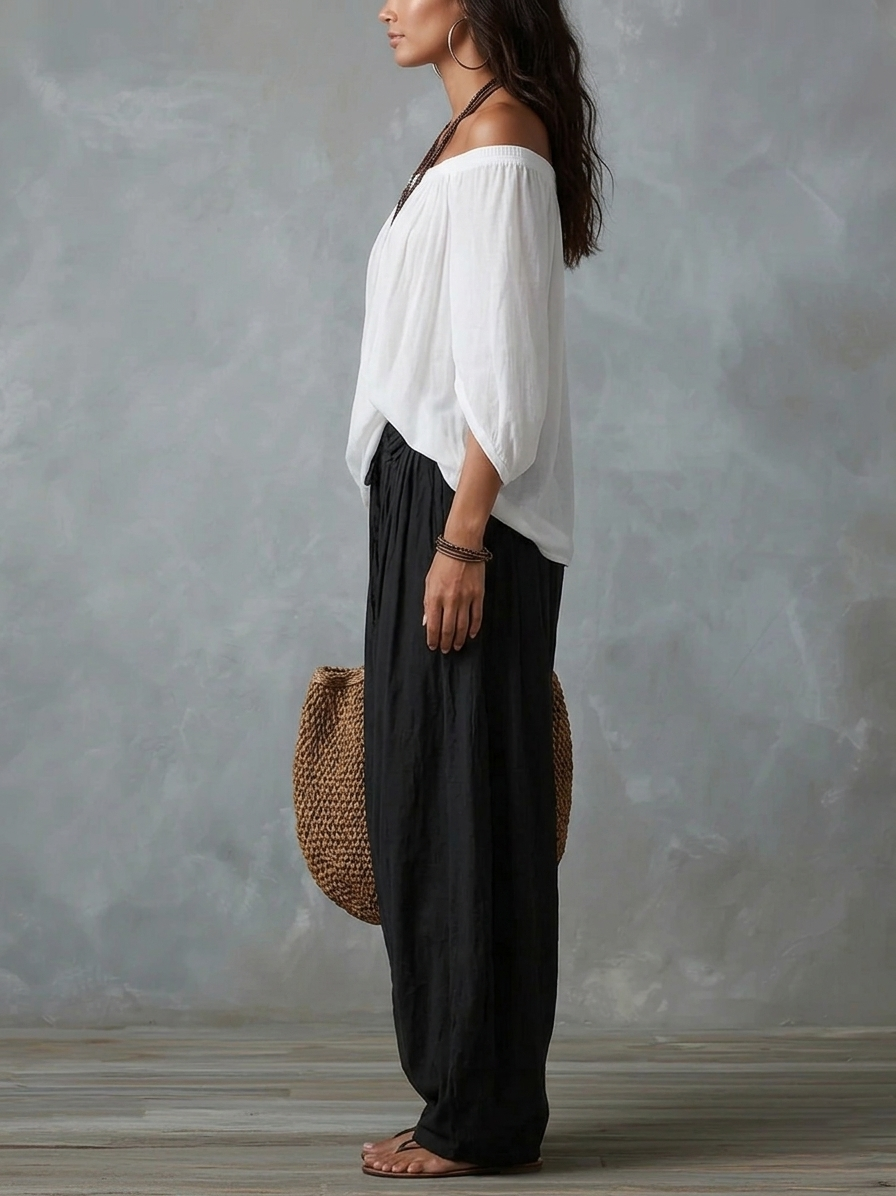 Conjunto de top blanco de hombros descubiertos y pantalón ancho