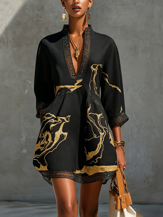 Donatella | Minivestido Negro con Estampado de Mármol Dorado y Encaje