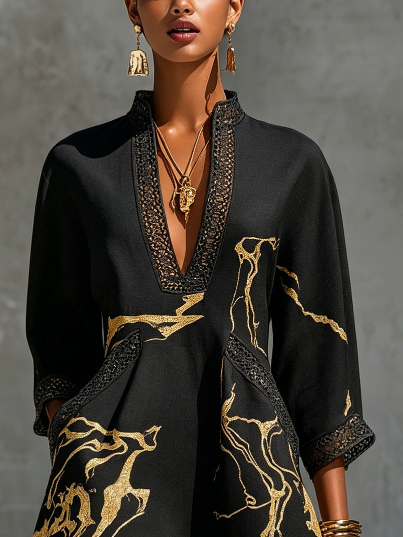 Donatella | Minivestido Negro con Estampado de Mármol Dorado y Encaje