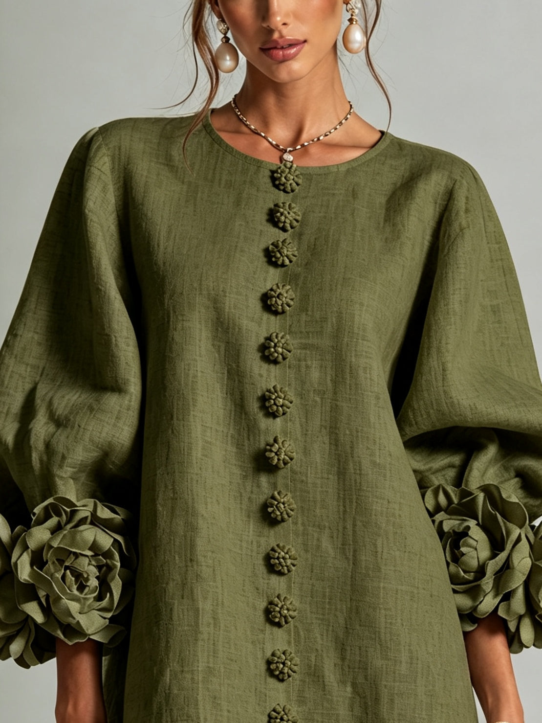 Vestido Mini Camisero Floral Verde Oliva con Puños Florales