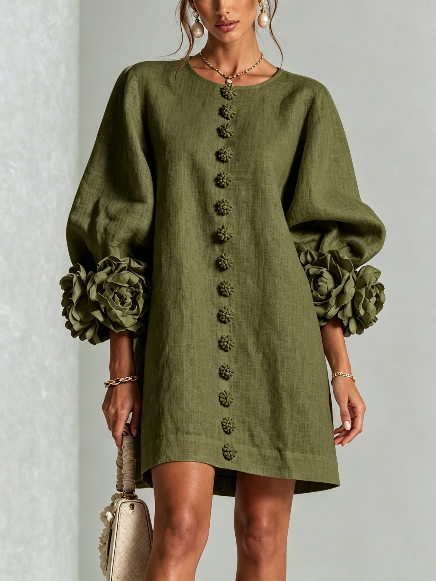 Vestido Mini Camisero Floral Verde Oliva con Puños Florales