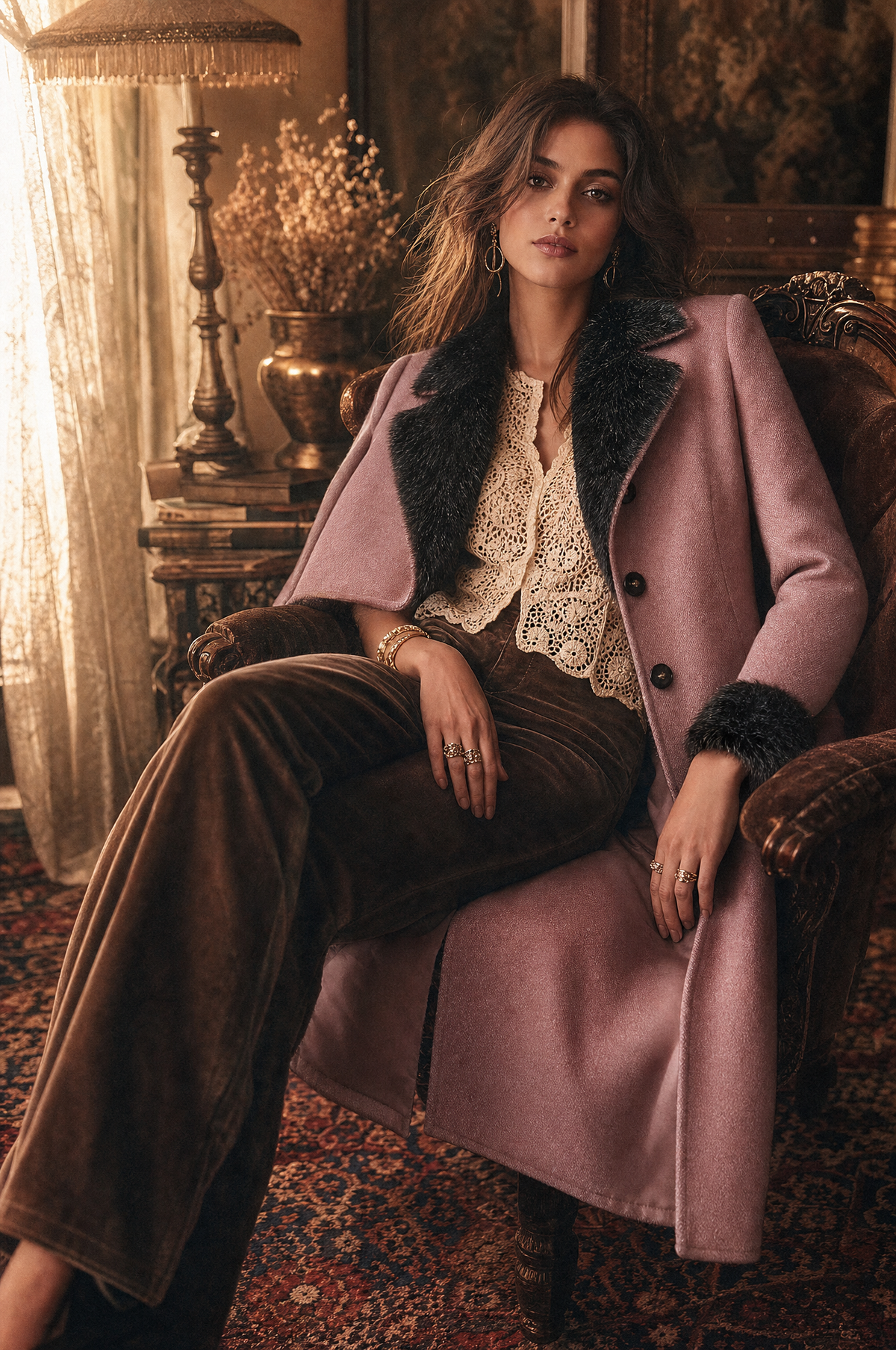 Abrigo Midi Entallado de Estilo Vintage en Mezcla de Lana con Ribete Mullido