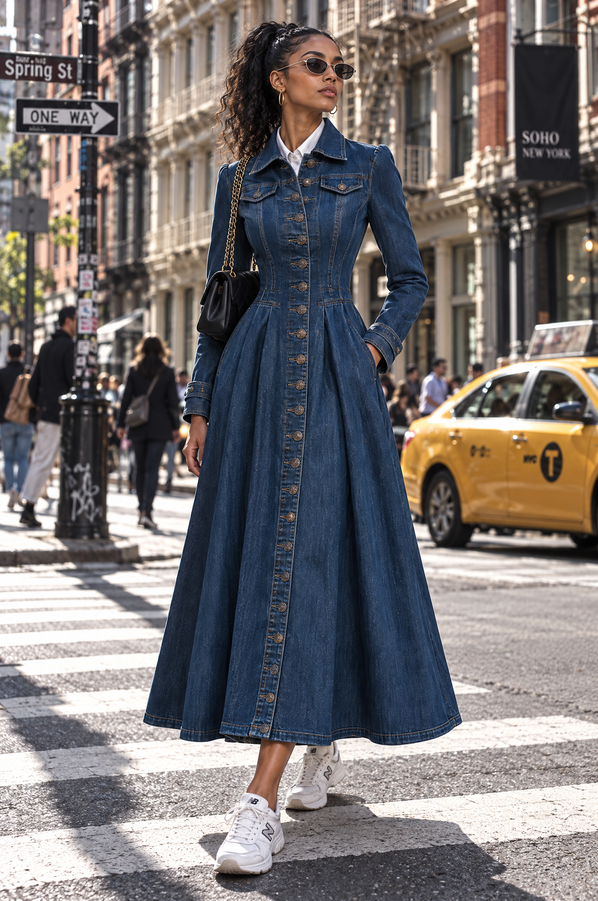 Gabardina Larga Entallada Retro de Mezclilla con Un Solo Pecho