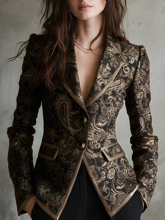 Saco Entallado Quiet Luxury de Jacquard Paisley con Solapas Envolventes