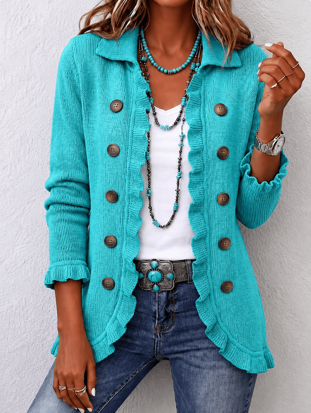 Maribel | Chaqueta de Punto Turquesa con Volantes