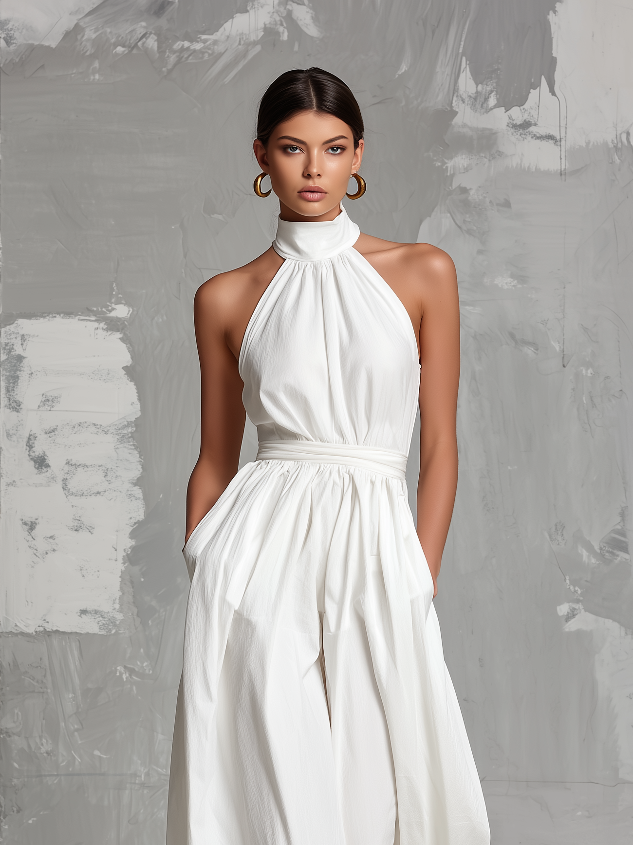 Elegant white woven jumpsuit, sleeveless, with halter neck