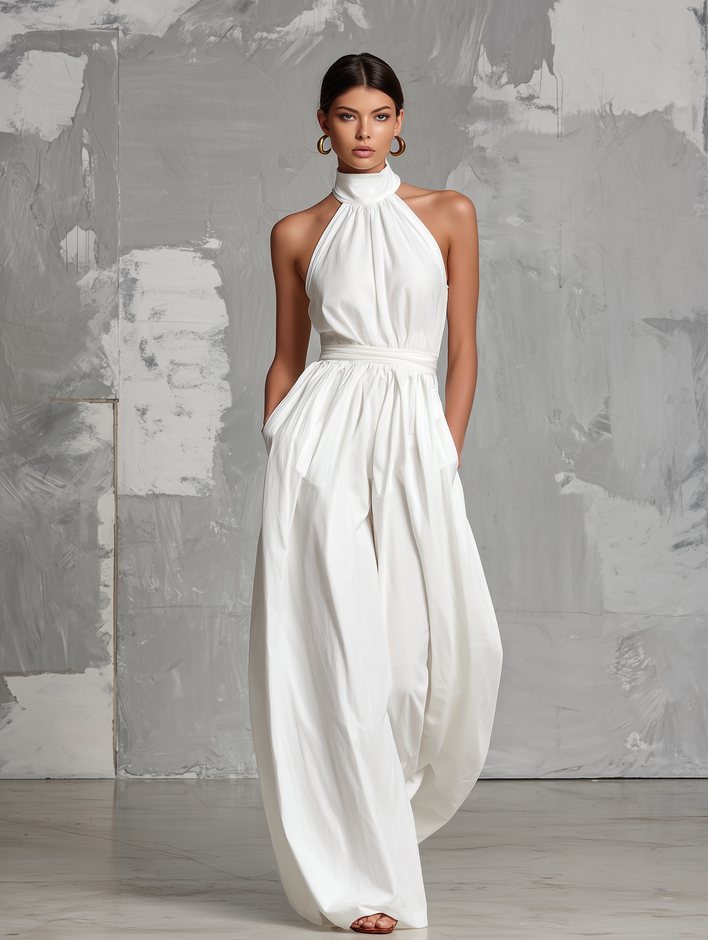 Elegant white woven jumpsuit, sleeveless, with halter neck