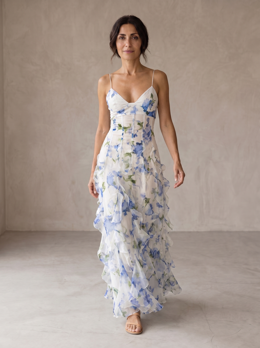 Iris | Vestido Midi Floral con Fruncido