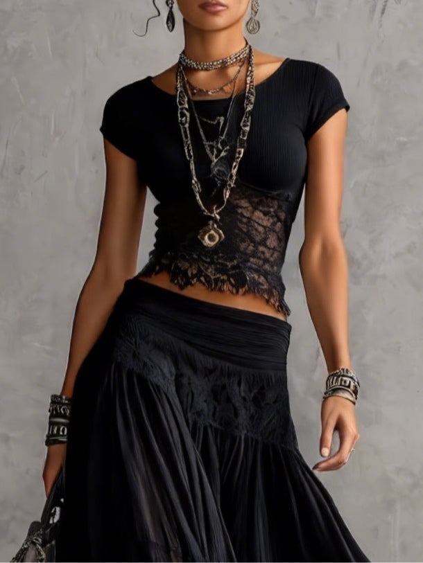 Conjunto de top de encaje negro transparente y falda larga plisada