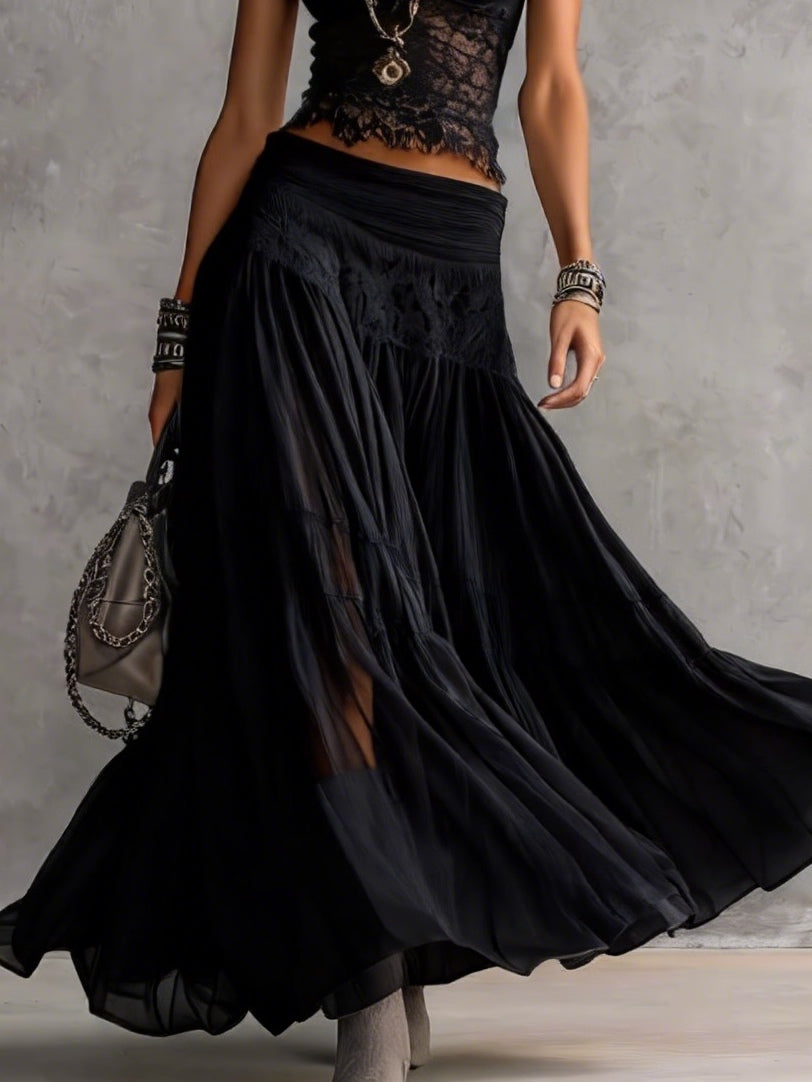 Conjunto de top de encaje negro transparente y falda larga plisada