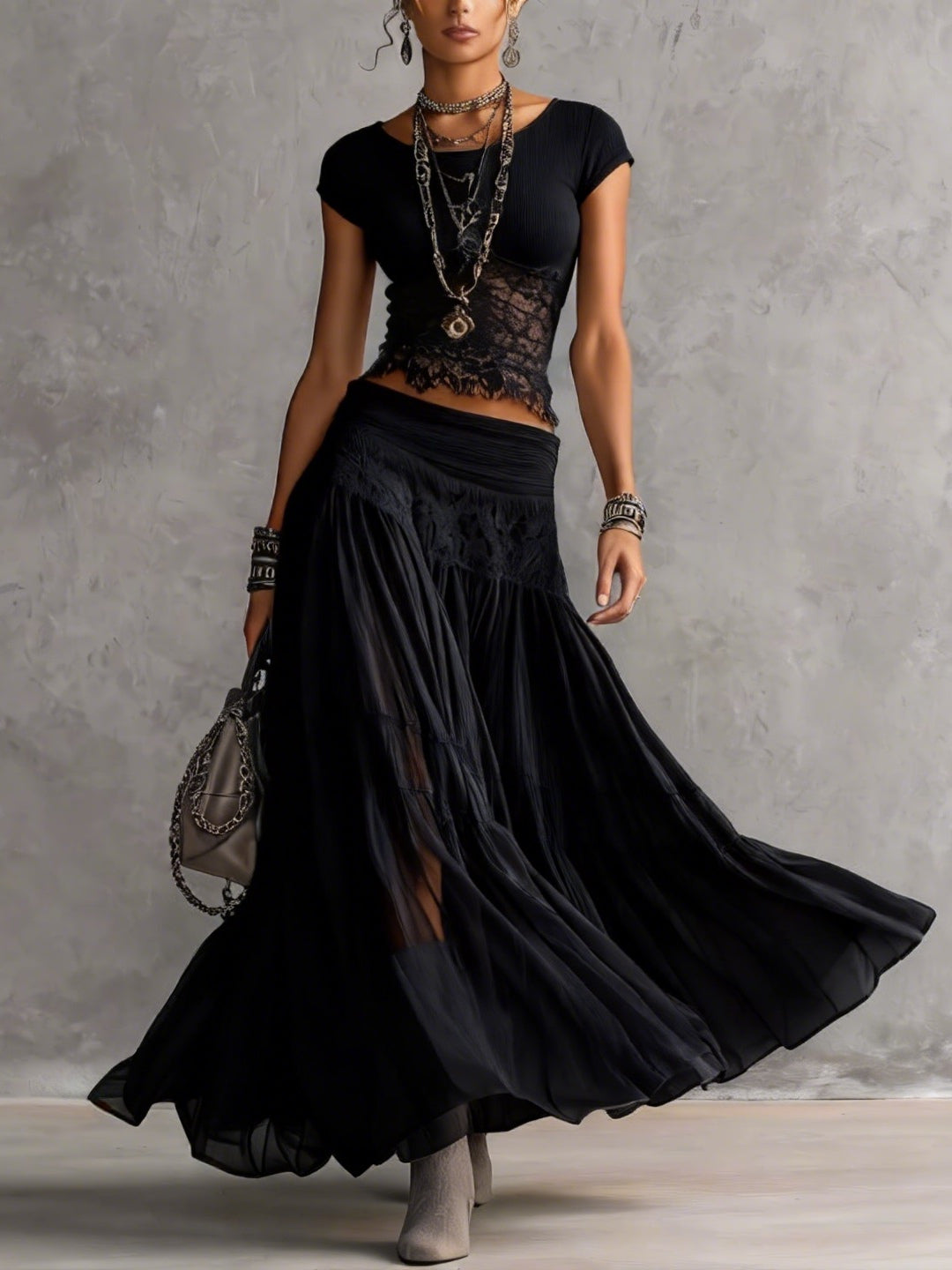 Conjunto de top de encaje negro transparente y falda larga plisada